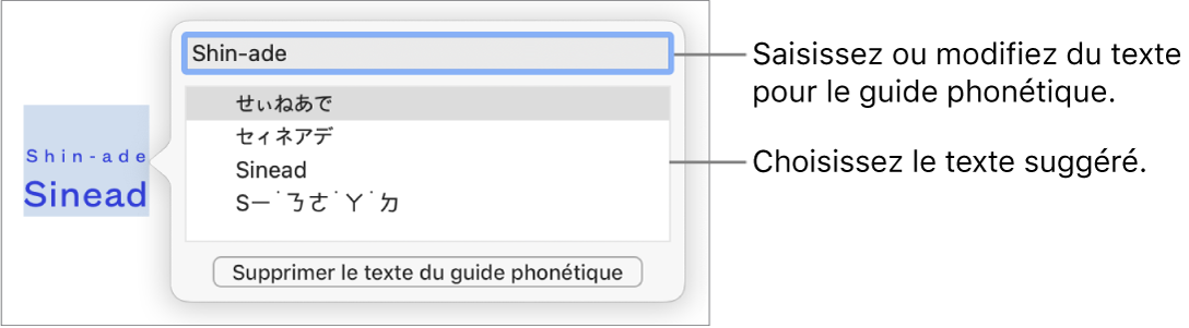 Le guide phonétique ouvert pour un mot, accompagné de légendes traitant du champ de texte et du texte suggéré.