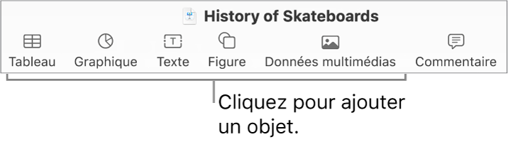 La barre d’outils Keynote avec les boutons Tableau, Graphique, Texte, Figure et Données multimédias.