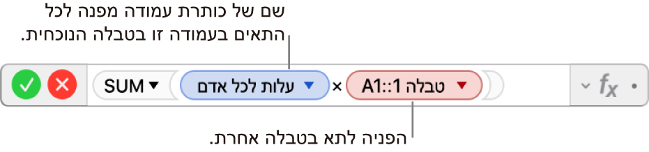 עורך הנוסחאות מציג נוסחה המפנה לעמודה בטבלה אחת ולתא בטבלה אחרת.