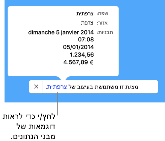 ההודעה לגבי הגדרת השפה והעיצוב השונים, עם דוגמאות של העיצוב בשפה זו ובאזור זה.