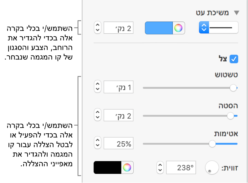 כלי הבקרה בסרגל הצד המיועדים לשינוי המראה של קווי מגמה.