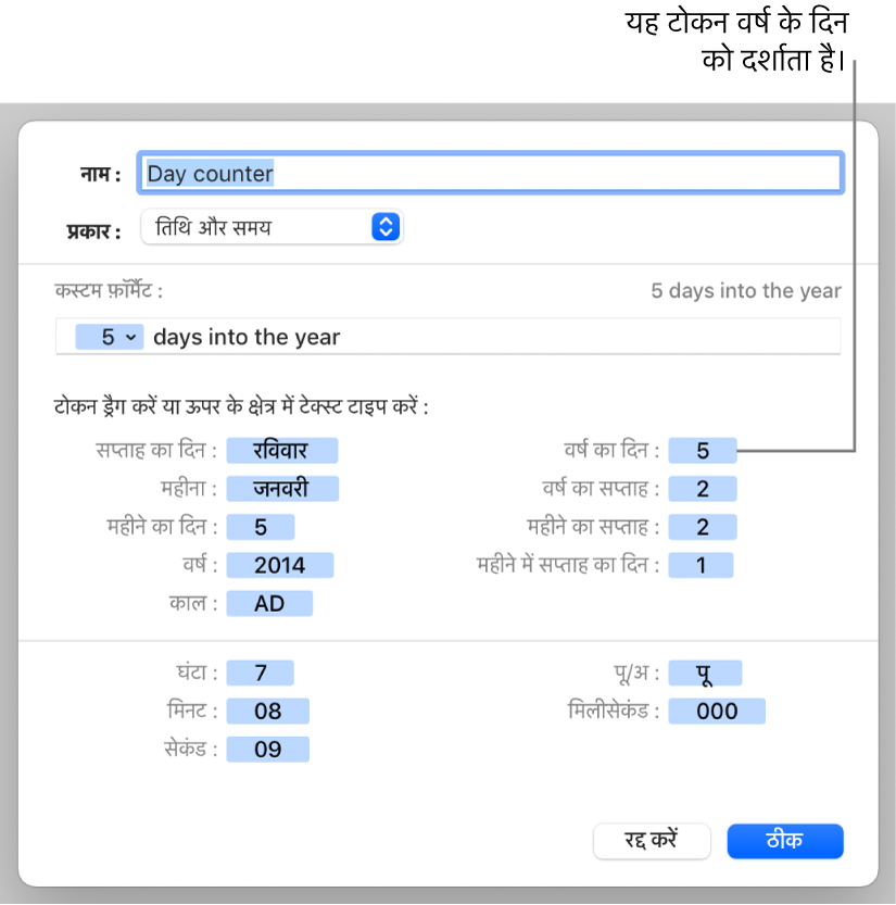 कस्टम तिथि और समय फ़ॉर्मैट बनाने के लिए नियंत्रणों वाली कस्टम सेल फ़ॉर्मैट विंडो