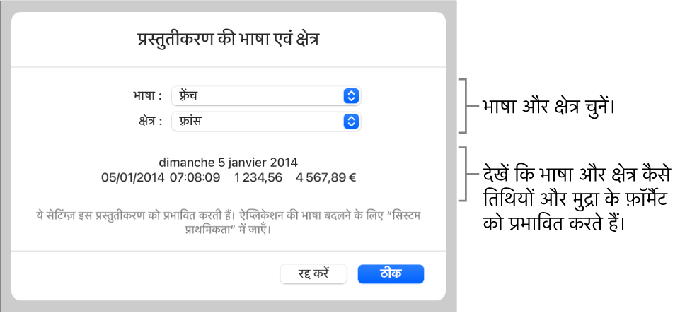 भाषा और क्षेत्र पेन जिसमें भाषा और क्षेत्र के लिए नियंत्रण हैं और एक फ़ॉर्मैट उदाहरण हैं जिसमें तिथि, समय, दशमलव और मुद्रा शामिल हैं।