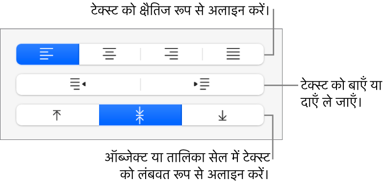 टेक्स्ट अलाइनमेंट बटन के लिए कॉलआउट वाला फ़ॉर्मैट बटन का “अलाइनमेंट” सेक्शन।