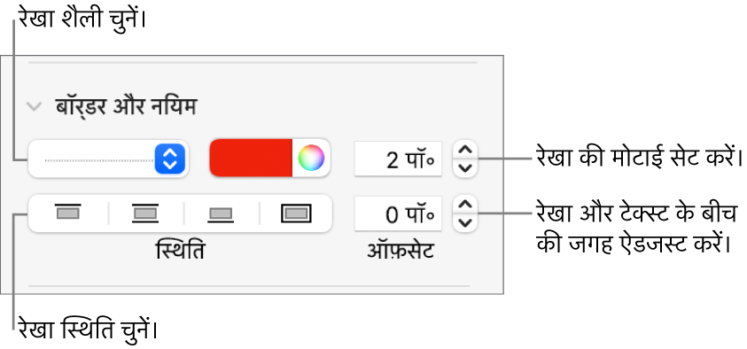 रखा शैली, मोटाई, स्थिति और रंग बदलने के लिए नियंत्रण।