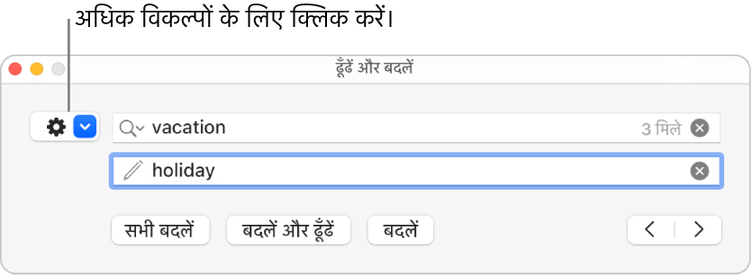 “ढूँढें और बदलें” विंडो जिसमें अधिक विकल्पों को दिखाने के लिए पॉप-अप मेनू में कॉलआउट है।