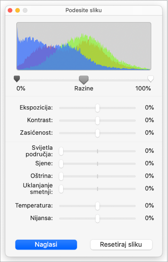 Prozor Podesi sliku s kliznicima za podešavanje ekspozicije, kontrasta, zasićenosti, isticanja, sjena, oštrine, uklanjanja smetnji, temperature i nijanse.