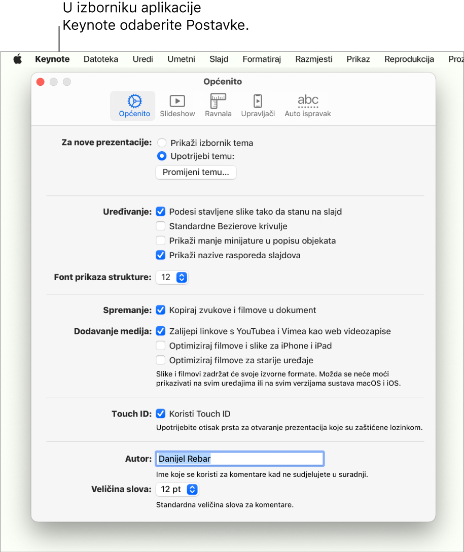 Prozor postavki aplikacije Keynote otvara se u prozoru Općenito.
