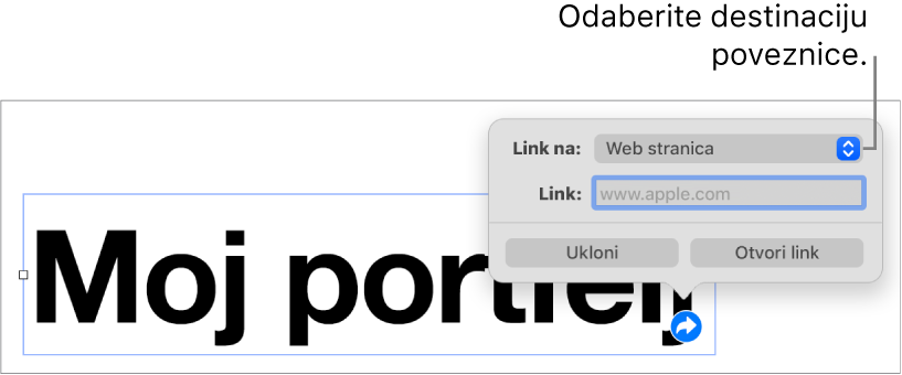 Kontrole urednika linka s odabranom opcijom Web stranica, tipke Ukloni i Otvori link nalaze se na dnu.