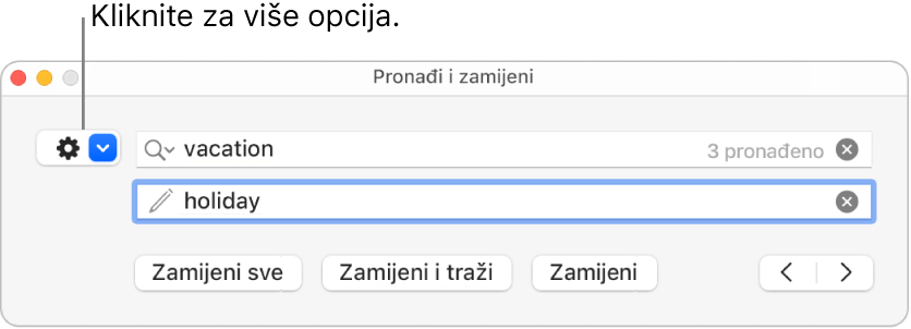 Prozor Pronađi i zamijeni s balončićem do skočnog izbornika koji prikazuje više opcija.