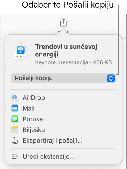 Izbornik dijeljenja s odabranom opcijom Pošalji kopiju pri vrhu.