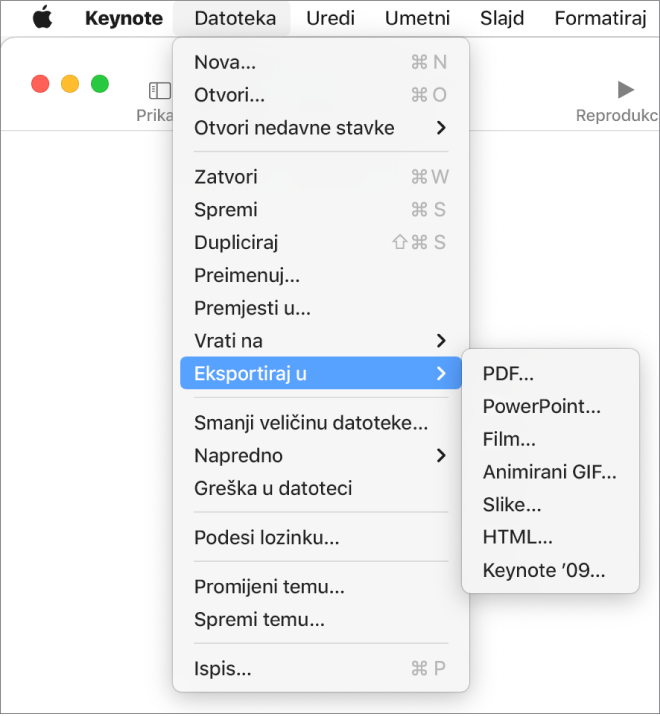 Izbornik Datoteka otvoren odabranom stavkom Eksportiraj u te pripadajući podizbornik u kojem se prikazuju mogućnosti eksportiranja za formate PDF, PowerPoint, Movie, HTML, Images i Keynote ’09.