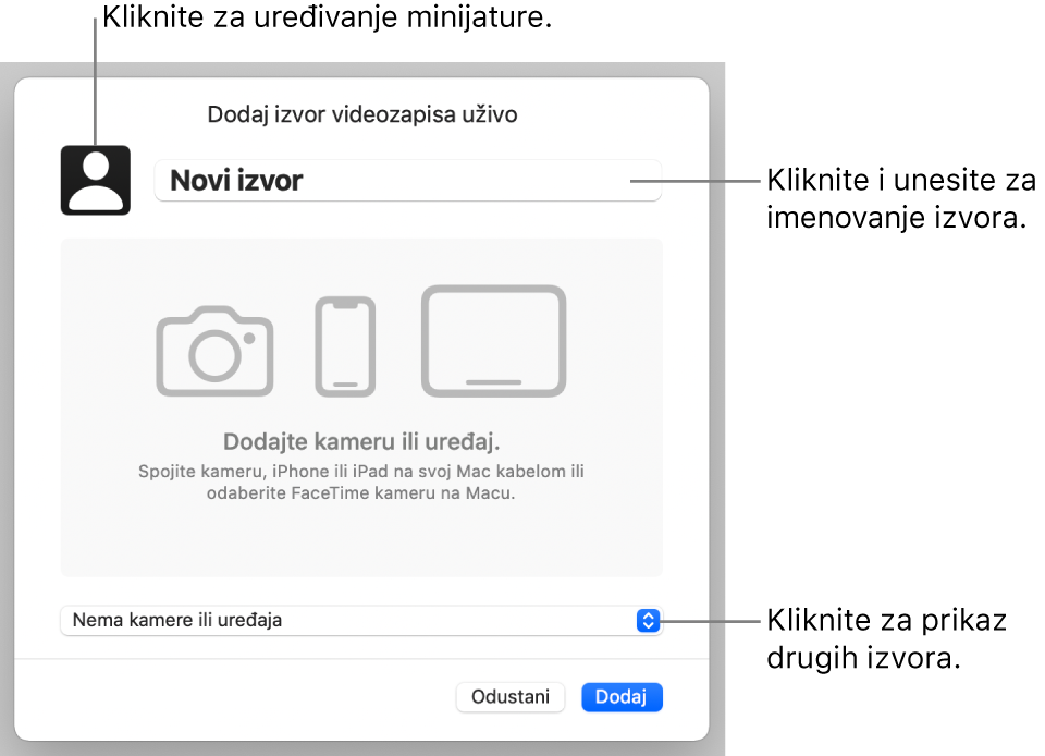 Prozor Dodaj izvor videozapisa uživo s naredbama za promjenu naziva i minijature izvora na vrhu i za odabir drugih izvora na dnu.