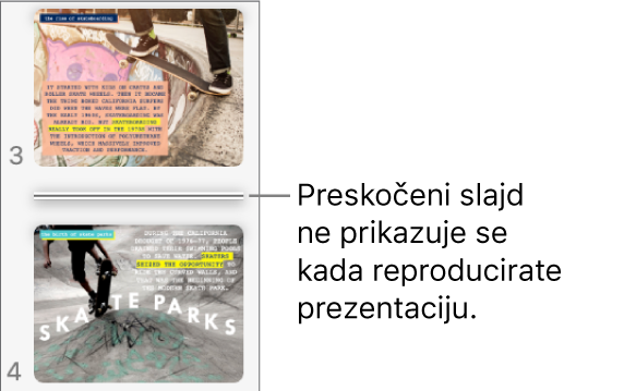 Navigator slajda prikazuje preskočeni slajd u obliku vodoravne linije.