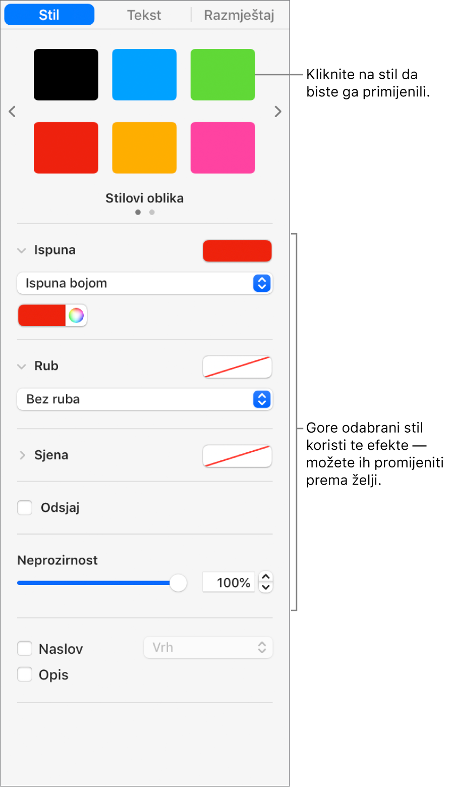 Stilovi oblika i opcije u odjeljku Format rubnog stupca.