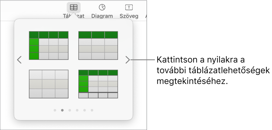 A Táblázat hozzáadása panel navigációs nyilakkal a bal és jobb oldalon.