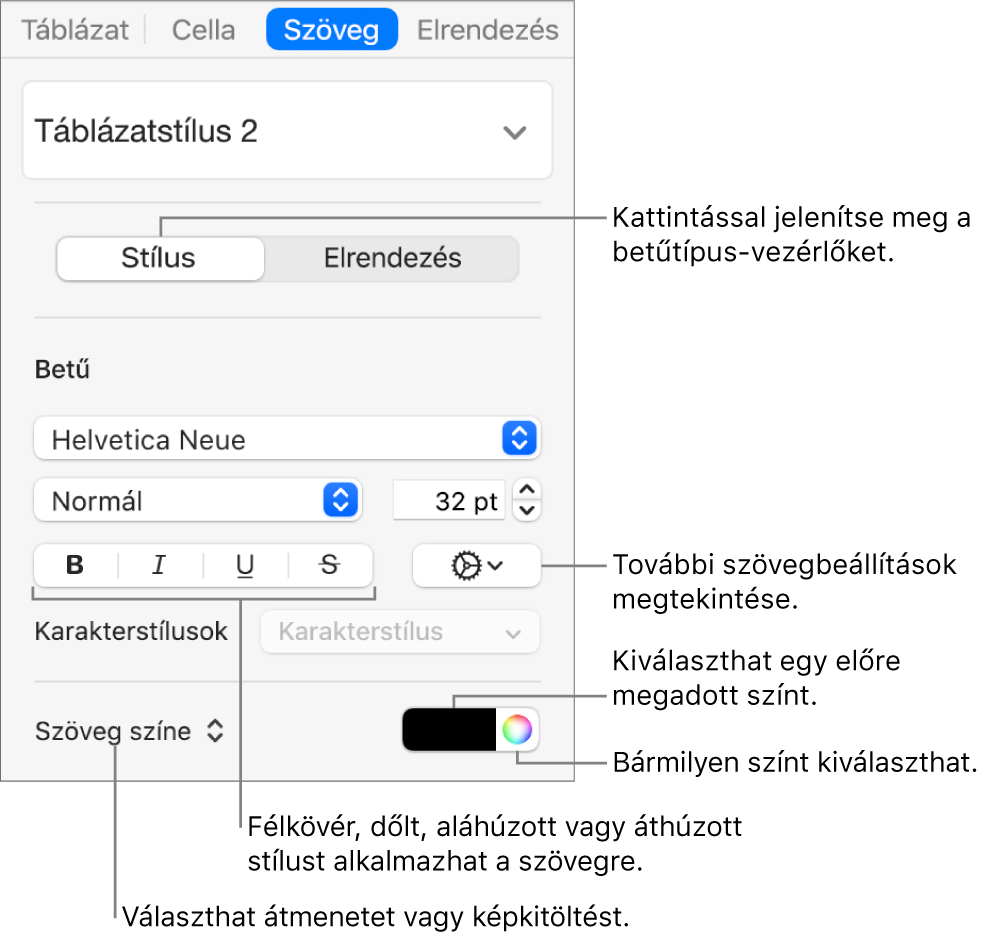 A táblázatszöveg stílusának beállítására szolgáló vezérlők.