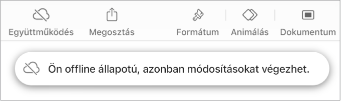 A képernyő tetején található gombok, ahol az Együttműködés gomb egy átlósan áthúzott felhőre módosul. Figyelmeztetés a képernyőn: „Offline módban van, de folytathatja a szerkesztést”.