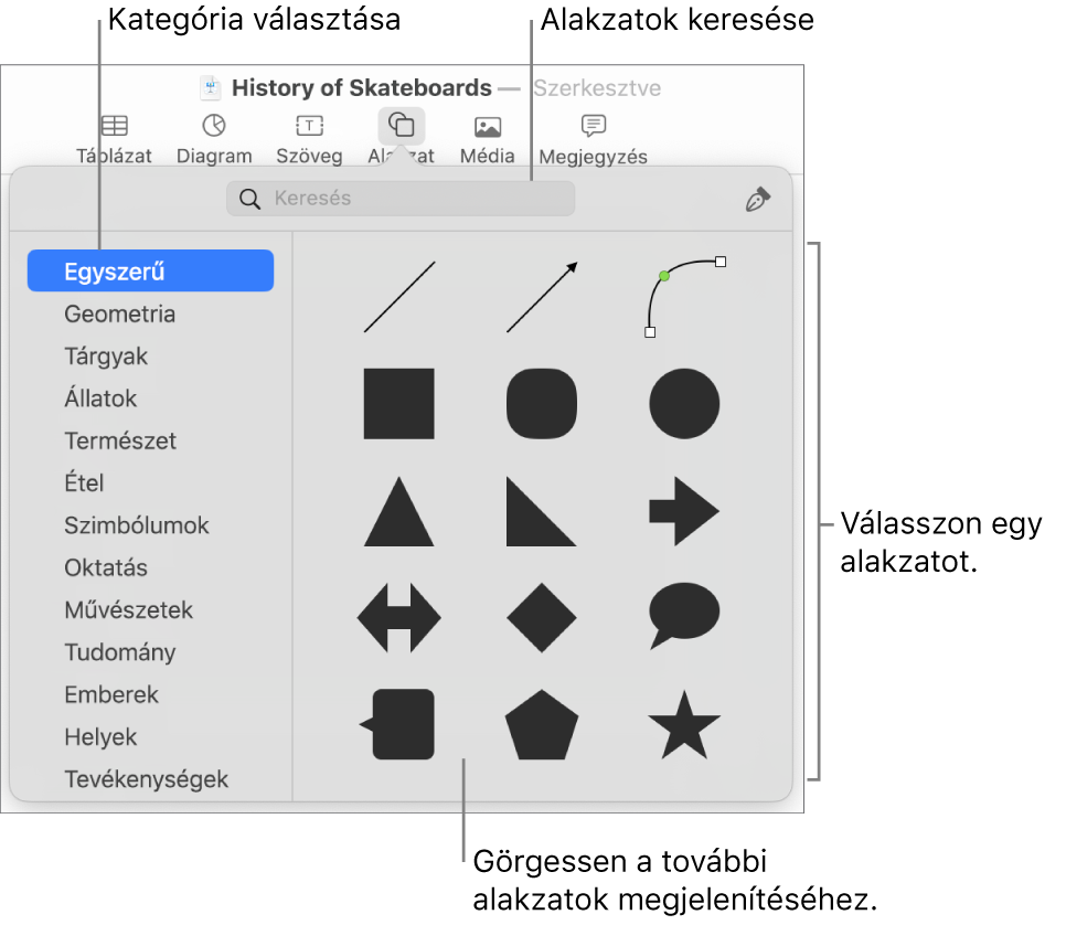 Az alakzatok könyvtára, amelynek bal oldalán a kategóriák láthatók, jobb oldalán pedig az alakzatok. A képernyő tetején lévő keresés mezőben alakzatokat kereshet, görgetéssel pedig további alakzatokat tekinthet meg.