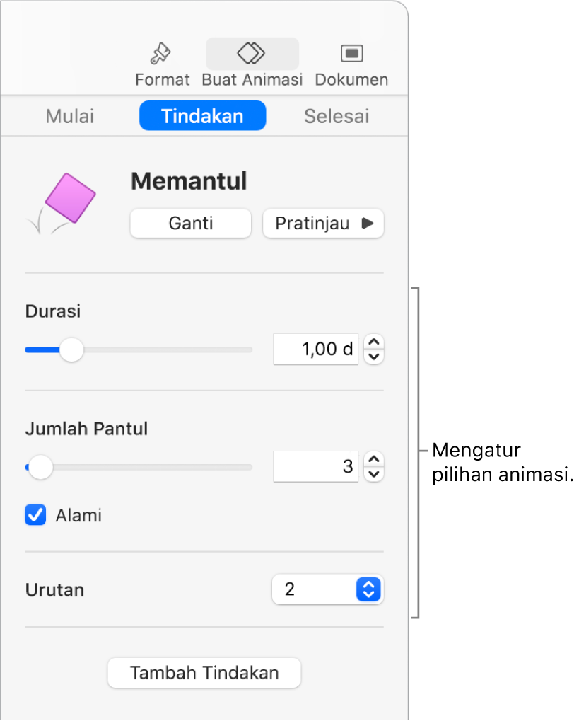 Kontrol Tindakan di bagian Buat Animasi pada bar samping.