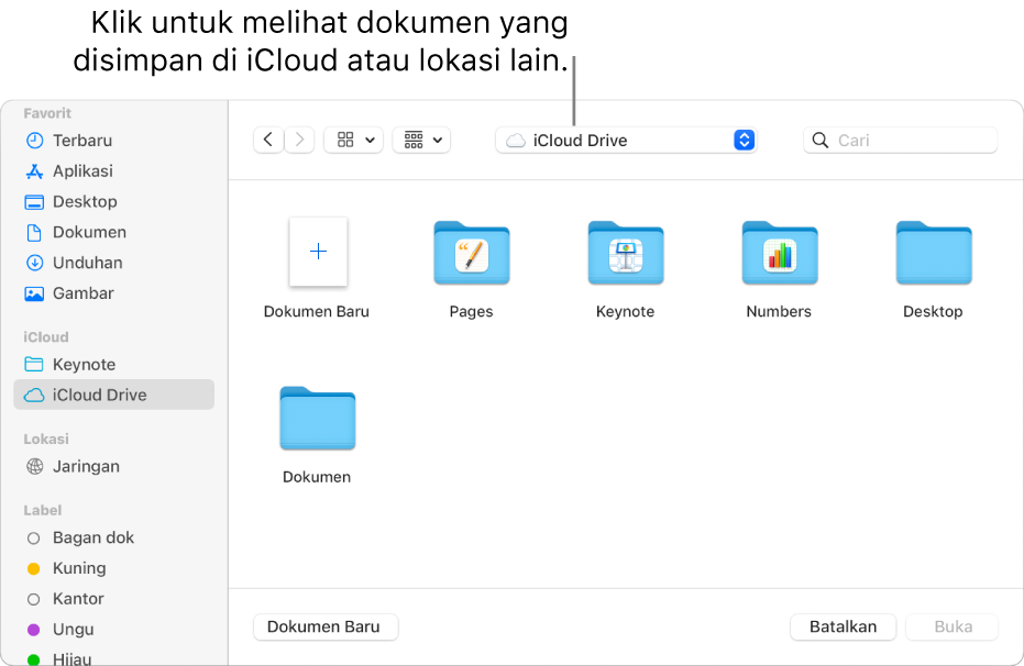 Dialog Buka dengan bar samping terbuka di sebelah kiri dan iCloud Drive dipilih di menu pop-up di bagian atas. Folder untuk Keynote, Numbers, dan Pages muncul di dialog bersama dengan tombol Dokumen Baru.