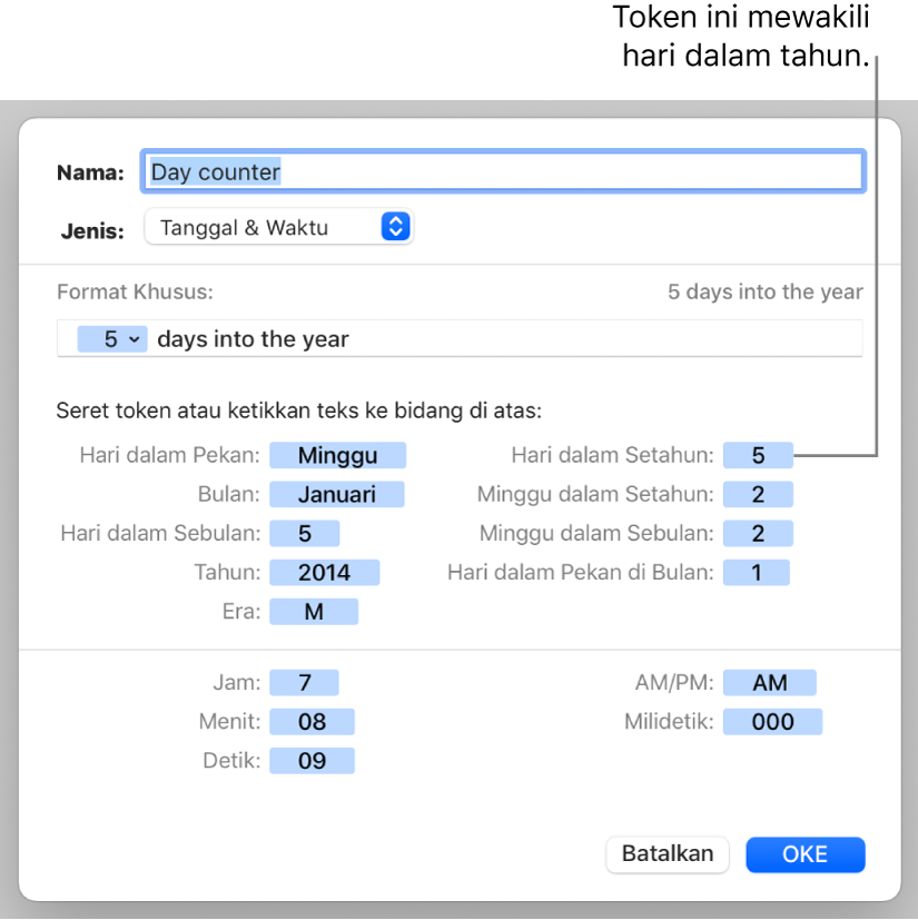 Jendela format sel khusus dengan kontrol untuk membuat format tanggal dan waktu khusus.