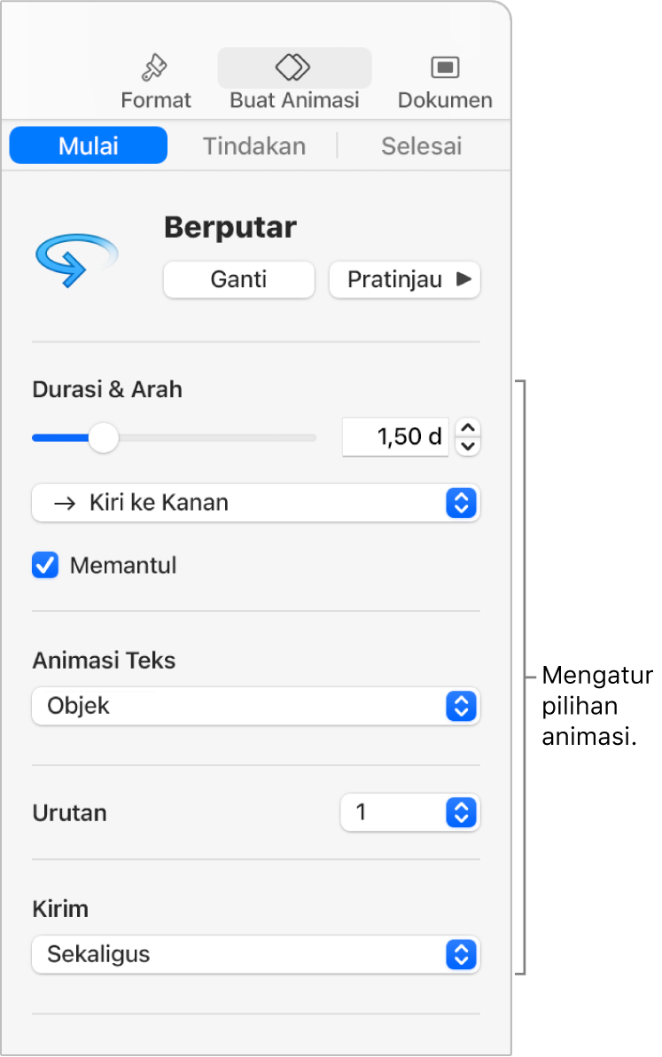 Pilihan Mulai di bagian Buat Animasi pada bar samping.