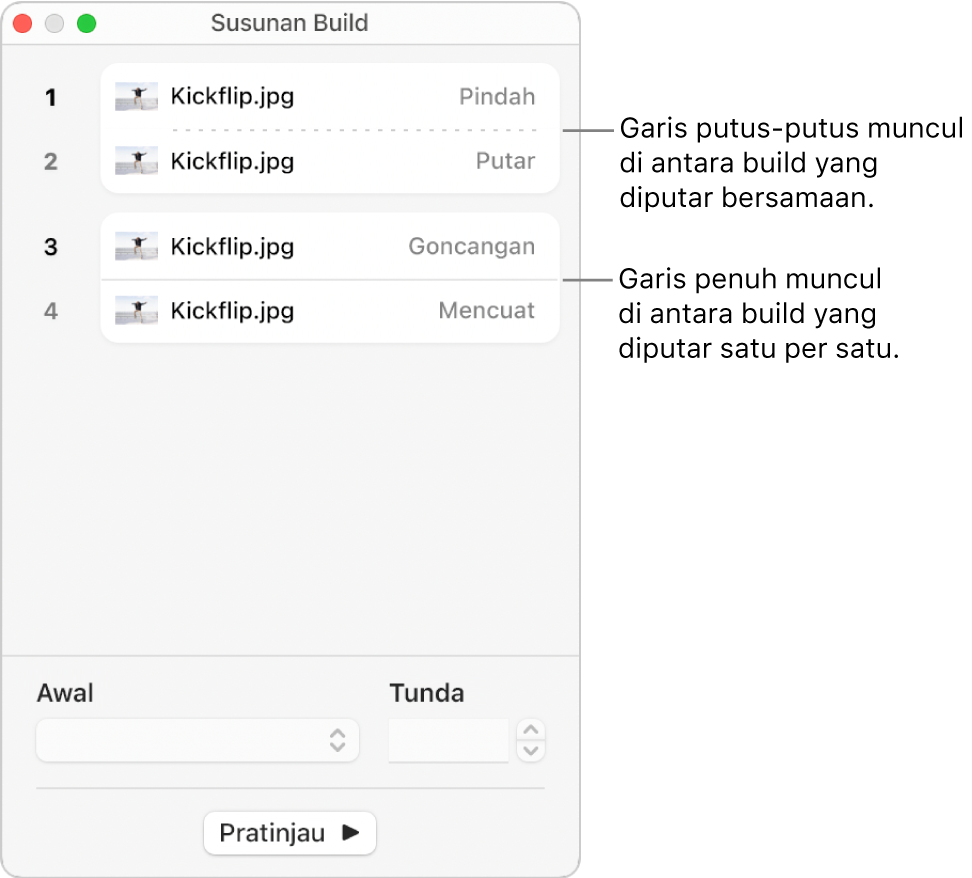 Menu Susunan Build, dengan titik putus-putus muncul di antara build yang diputar bersamaan dan garis penuh di antara build yang diputar satu per satu.