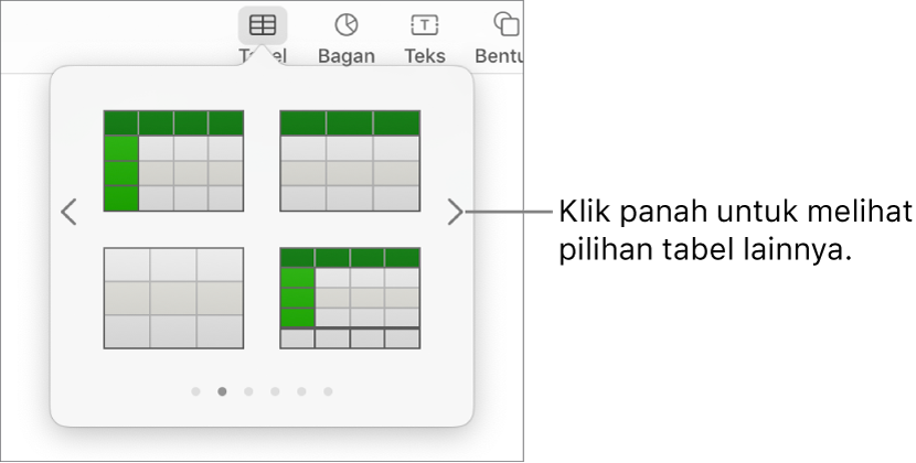 Panel Tambah Tabel dengan panah navigasi di sebelah kiri dan kanan.