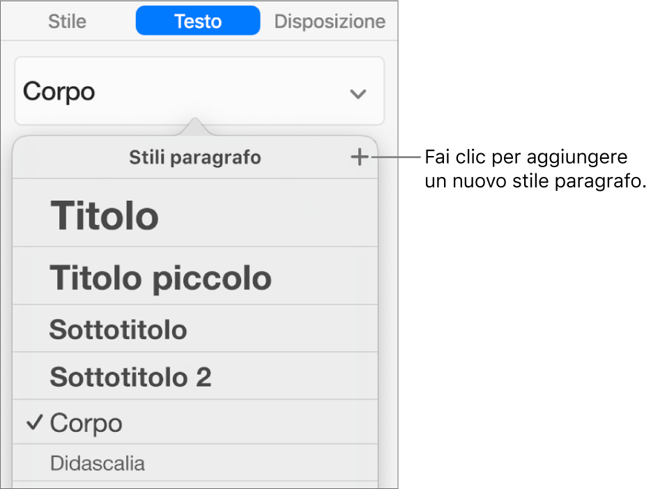 Il menu “Stili paragrafo” con una didascalia del pulsante “Nuovo stile”.