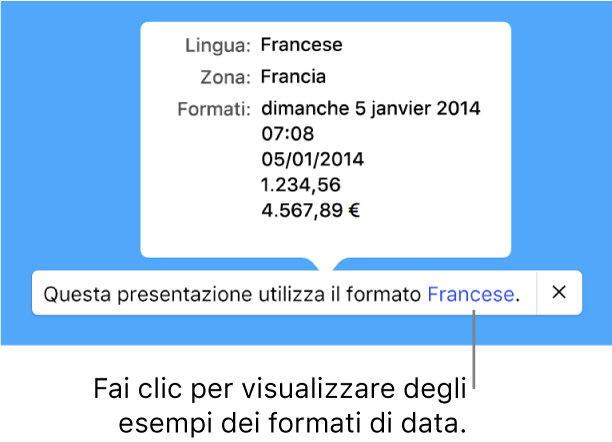 La notifica della diversa impostazione di lingua e zona, con esempi dei formati.