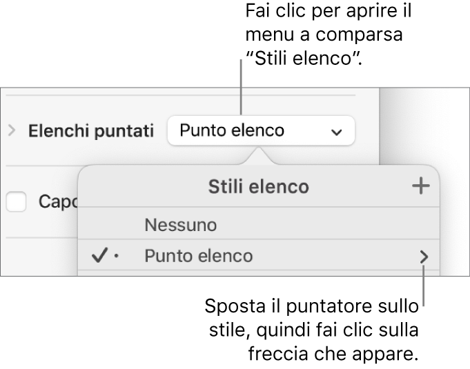 Menu a comparsa “Stili elenco” con uno stile elenco selezionato e una freccia lontana alla sua destra.