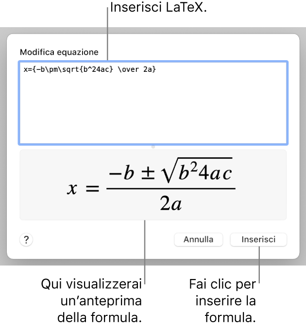 La formula quadratica scritta tramite LaTeX nel campo Equazione e un'anteprima della formula sotto.