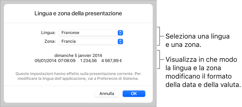 Il pannello Lingua e Zona con i controlli per lingua e zona e un esempio di formato che include data, ora, numeri decimali e valuta.