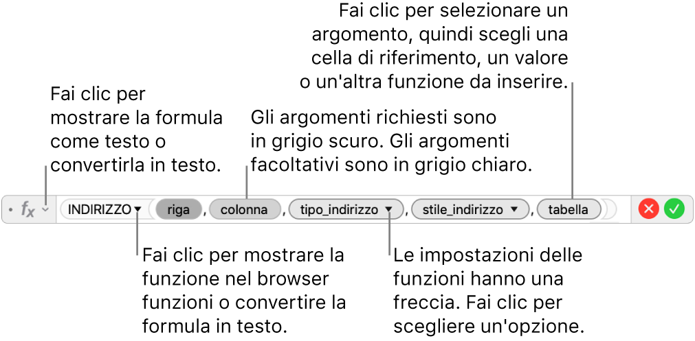 “Editor formule” con la funzione INDIRIZZO e i token degli argomenti corrispondenti.