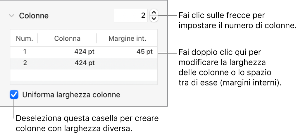 Controlli nella sezione Colonne per la modifica del numero di colonne e della larghezza di ogni colonna.