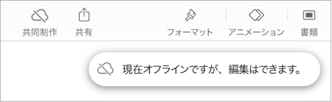 画面上部のボタン。「共同制作」ボタンは対角線の引かれたクラウドに変わっています。画面上の通知に「オフラインですが、引き続き編集できます」と示されています。