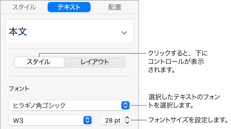サイドバーの「スタイル」セクションの、フォントとフォントサイズを設定するためのテキストコントロール。