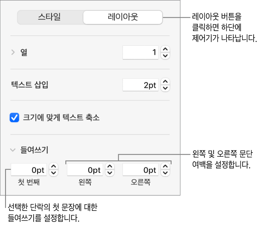 첫 번째 행 들여쓰기 및 단락 여백 설정 제어기를 보여주는 포맷 사이드바의 레이아웃 섹션.