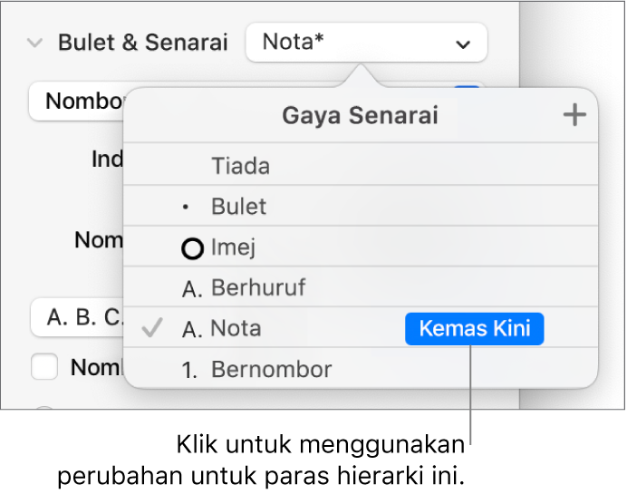 Menu timbul Gaya Senarai dengan butang Kemas Kini bersebelahan nama gaya baharu.