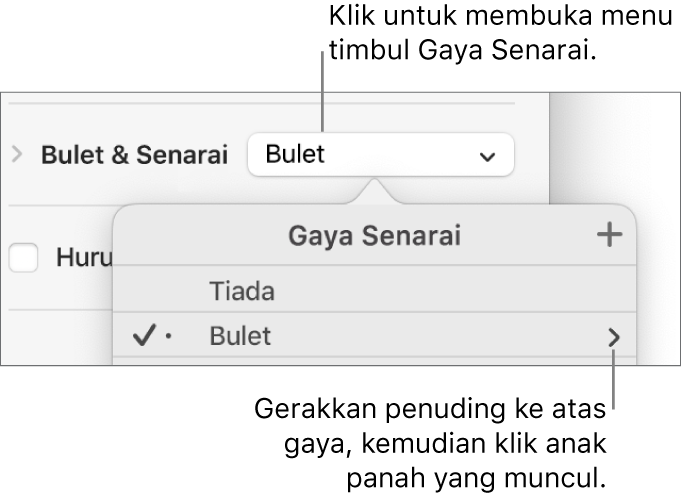 Menu timbul Gaya Senarai dengan satu gaya dipilih dan anak panah di hujung kanan.