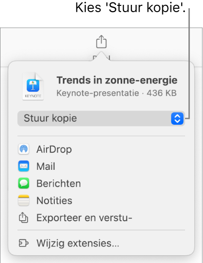 Het Deel-menu waarin bovenin 'Stuur kopie' is geselecteerd.
