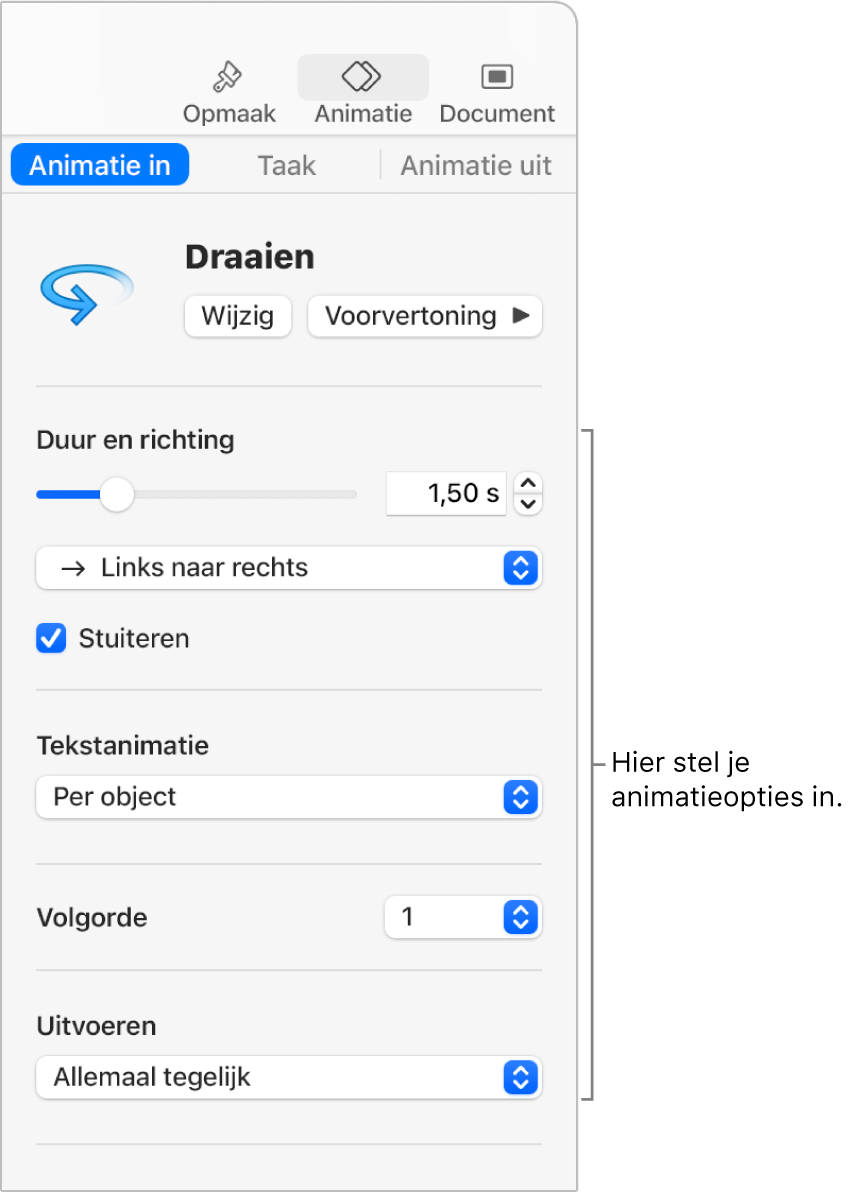 'Animatie in'-opties in het gedeelte 'Animatie' van de navigatiekolom.