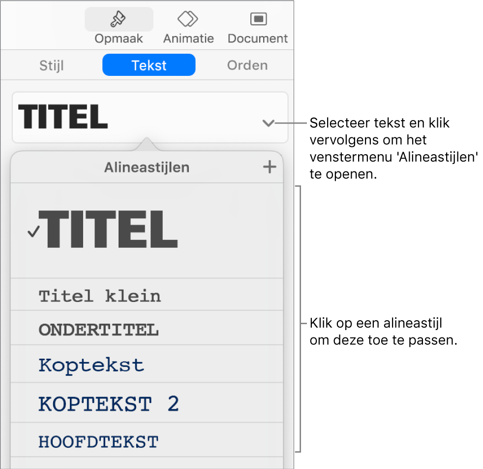 Het menu 'Alineastijlen' met een vinkje naast de geselecteerde stijl.