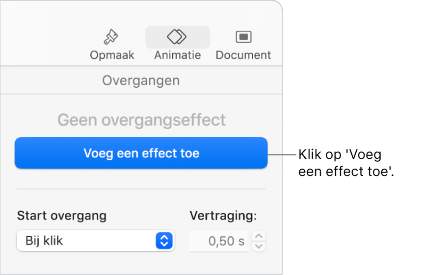 Knop 'Voeg een effect toe' in het gedeelte 'Animatie' van de navigatiekolom.