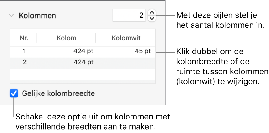 Regelaars in het kolommengedeelte voor het wijzigen van het aantal kolommen en de breedte van elke kolom.