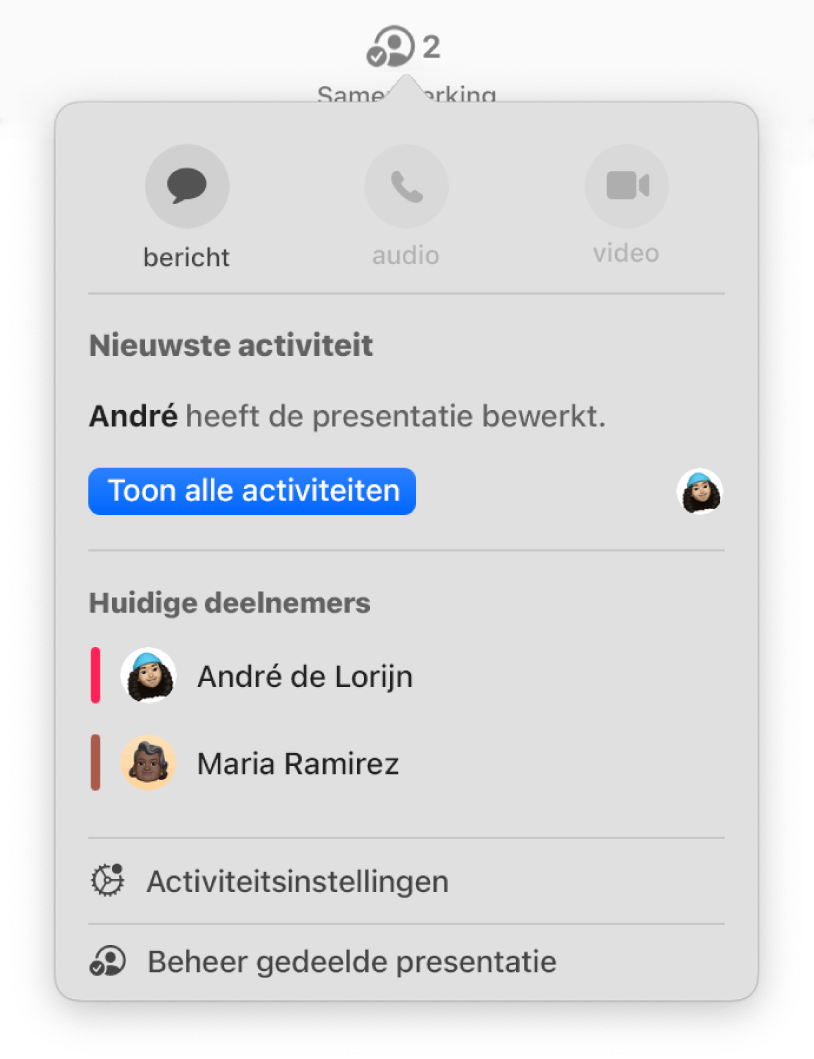 Het samenwerkingsmenu met daarin de namen van mensen die samen aan de presentatie werken.