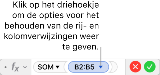 De formule-editor, waarin wordt aangegeven hoe je de rij en kolom van een bereikverwijzing behoudt.