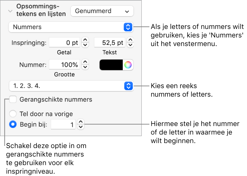 Regelaars voor het wijzigen van de nummeringsstijl en de afstand voor een lijst.