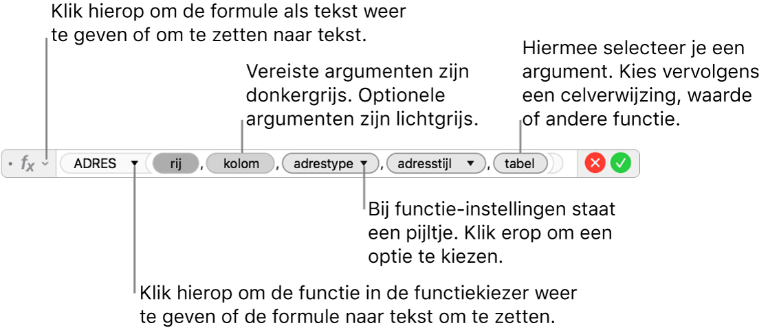 De formule-editor met de ADRES-functie en de bijbehorende argumenttokens.